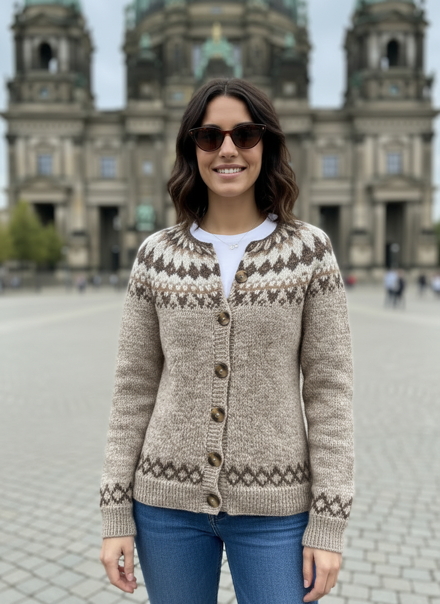Sandfarbene Vintage-Strickjacke